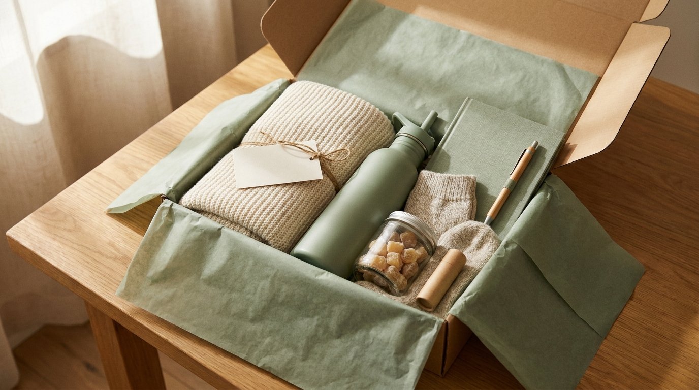 Care package for someone starting chemo with a knit blanket, water bottle, ginger chews, cozy socks, lip balm and journal