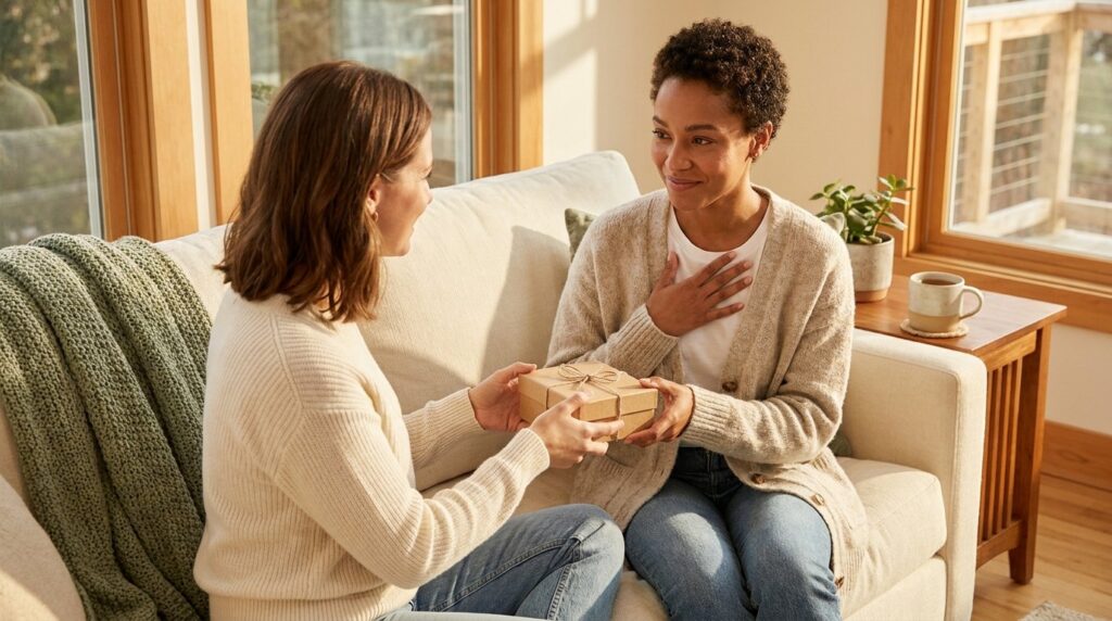 Woman handing a gift-wrapped care package to a friend who is starting cancer treatment