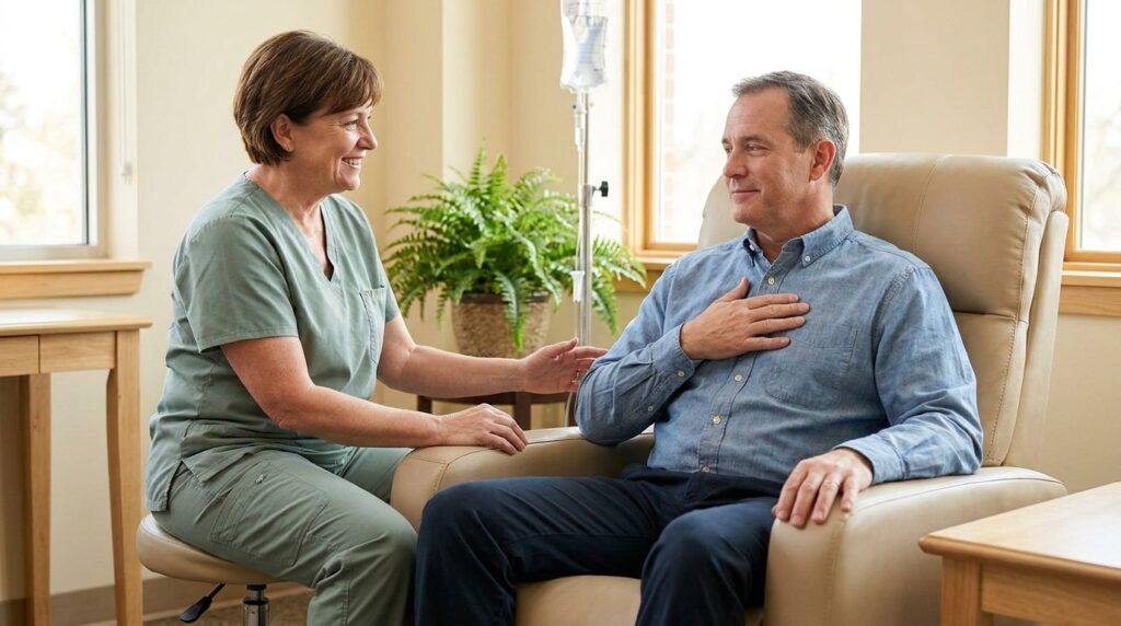 Infusion nurse reassuring a patient who points to his chest port before an IVIG infusion